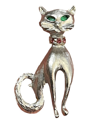 Vintage silver finush fancy Cat brooch w/ crystals