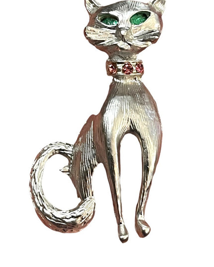 Vintage silver finush fancy Cat brooch w/ crystals