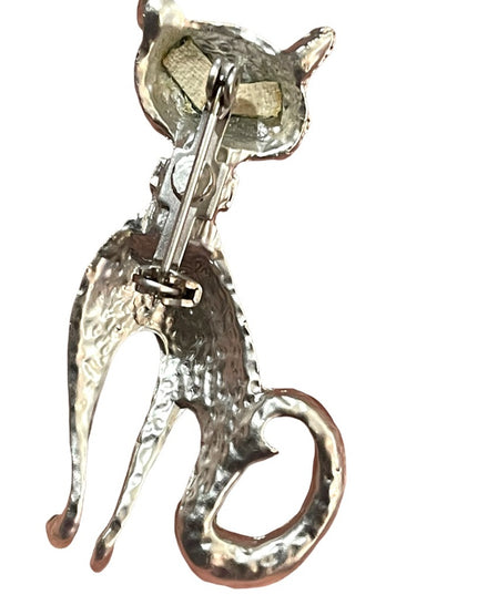 Vintage silver finush fancy Cat brooch w/ crystals