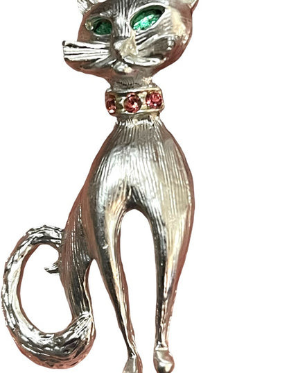 Vintage silver finush fancy Cat brooch w/ crystals