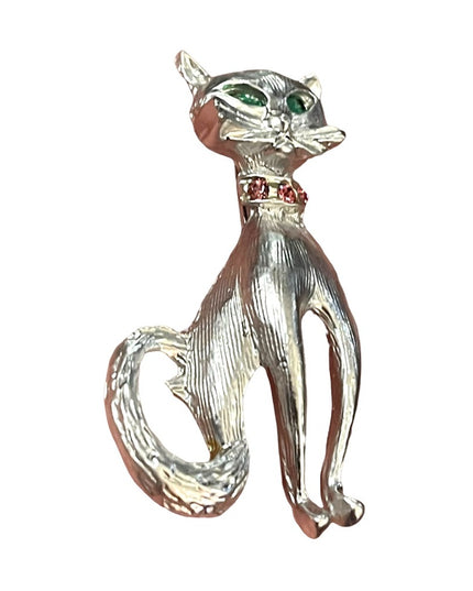 Vintage silver finush fancy Cat brooch w/ crystals