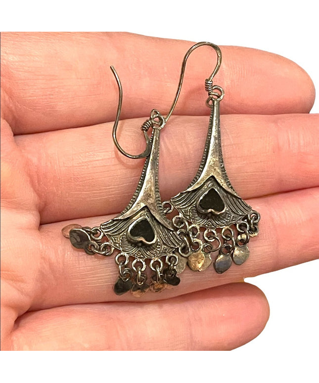 Vintage sterling silver 925 blackmonyx heart dangle earrings