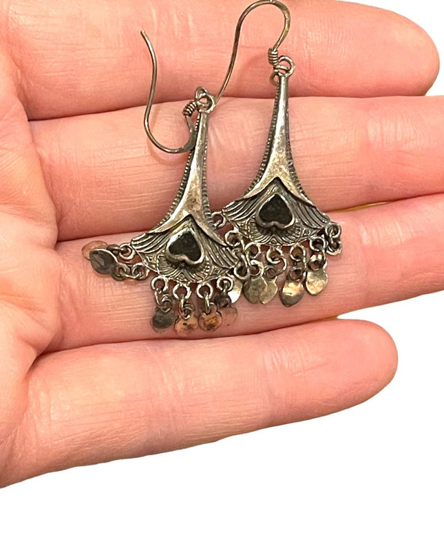Vintage sterling silver 925 blackmonyx heart dangle earrings