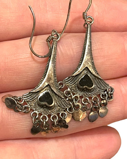 Vintage sterling silver 925 blackmonyx heart dangle earrings