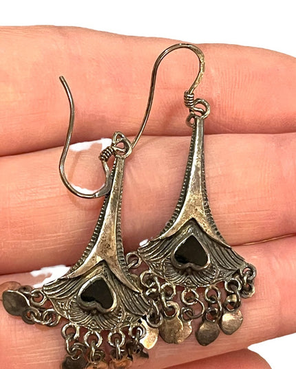 Vintage sterling silver 925 blackmonyx heart dangle earrings