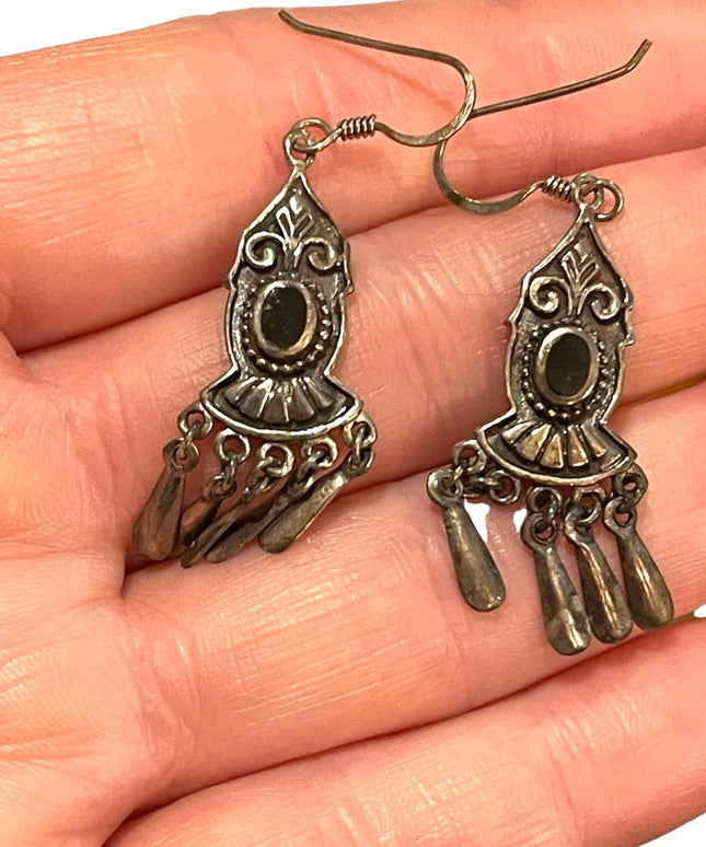 Vintage sterling silver 925 black onyx earrings dangle