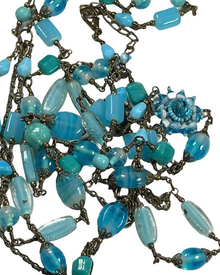 Vintage 3 strand long blue glass necklace 36”