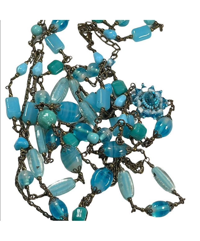 Vintage 3 strand long blue glass necklace 36”