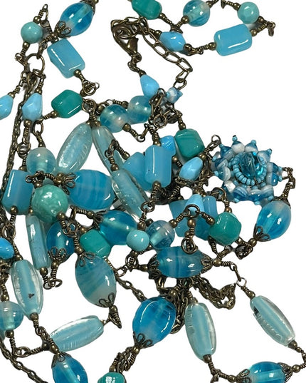 Vintage 3 strand long blue glass necklace 36”