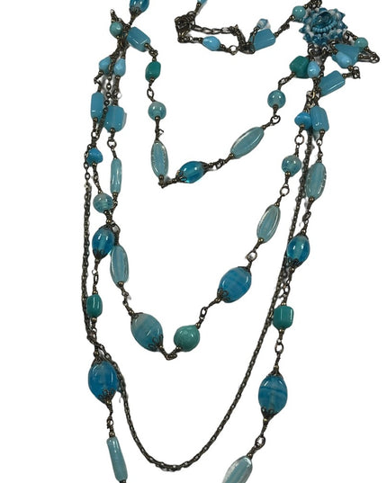 Vintage 3 strand long blue glass necklace 36”