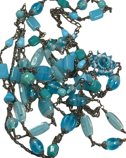 Vintage 3 strand long blue glass necklace 36”