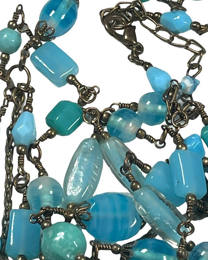 Vintage 3 strand long blue glass necklace 36”