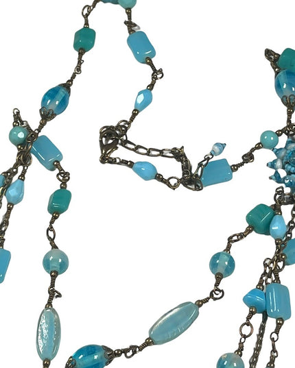 Vintage 3 strand long blue glass necklace 36”