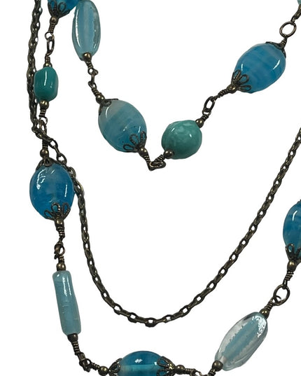 Vintage 3 strand long blue glass necklace 36”
