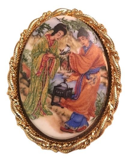Vintage ceramic cameo asian scene pendant brooch