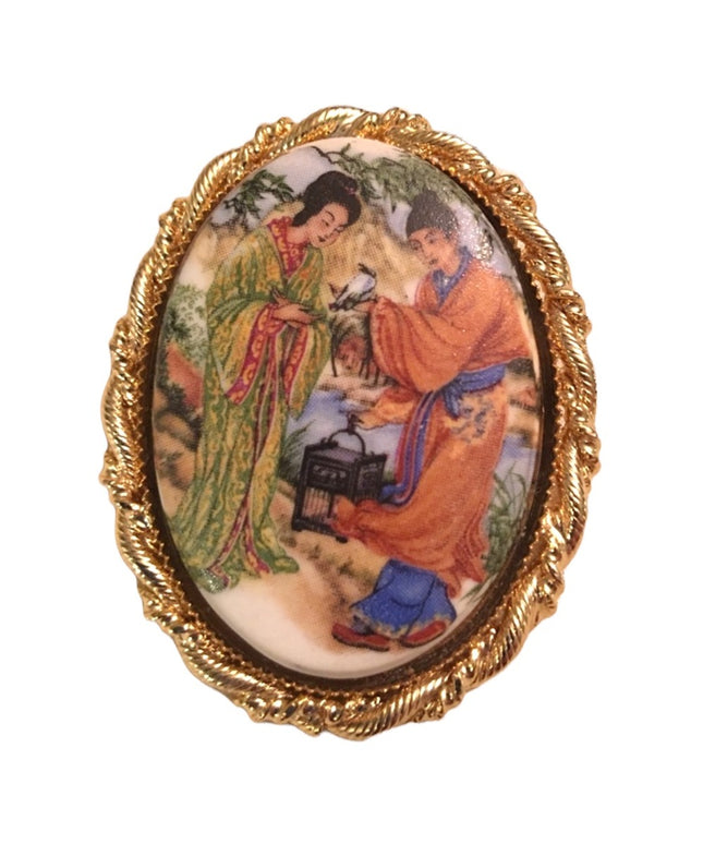 Vintage ceramic cameo asian scene pendant brooch