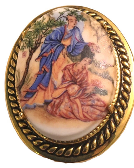 Geisha scene vintage Ceramic Cameo braided gold tone Large