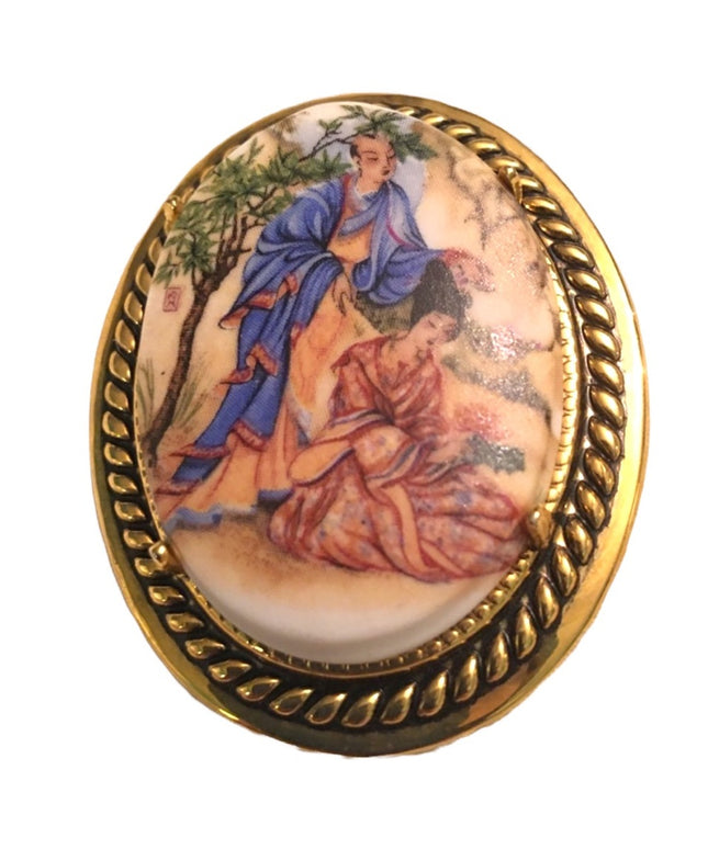 Geisha scene vintage Ceramic Cameo braided gold tone Large