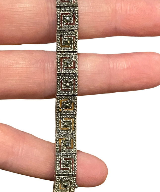 Vintage Sterling silver 925 Marcasite greek key design chunky bracelet