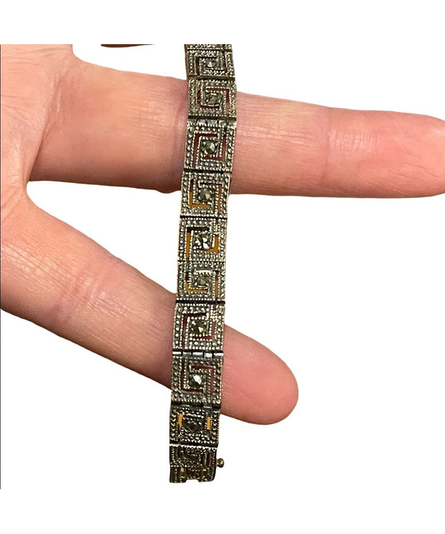 Vintage Sterling silver 925 Marcasite greek key design chunky bracelet