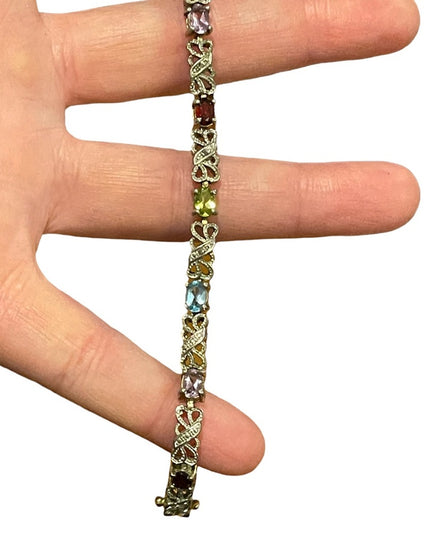 Vintage sterling silver 925 Ornate multi gemstone fancy bracelet  amethyst
