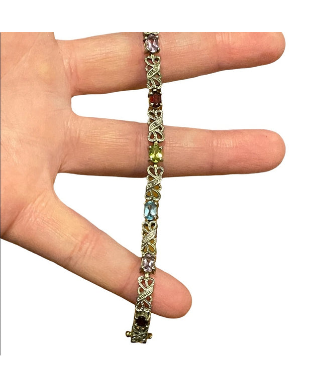 Vintage sterling silver 925 Ornate multi gemstone fancy bracelet  amethyst