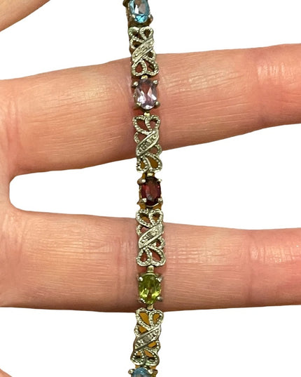 Vintage sterling silver 925 Ornate multi gemstone fancy bracelet  amethyst