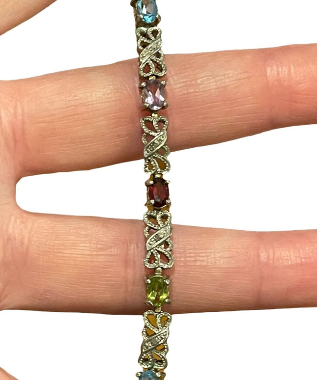 Vintage sterling silver 925 Ornate multi gemstone fancy bracelet  amethyst