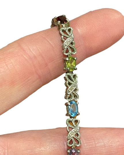 Vintage sterling silver 925 Ornate multi gemstone fancy bracelet  amethyst