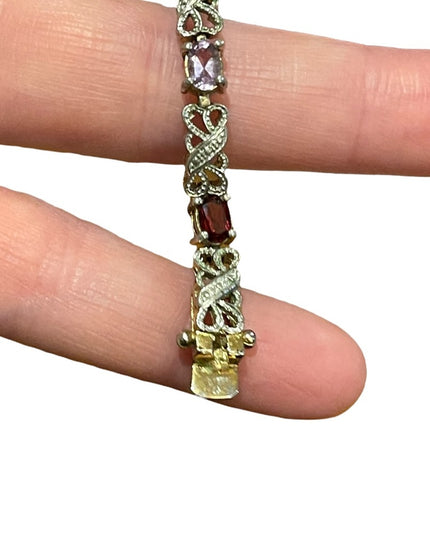 Vintage sterling silver 925 Ornate multi gemstone fancy bracelet  amethyst