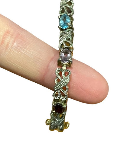 Vintage sterling silver 925 Ornate multi gemstone fancy bracelet  amethyst