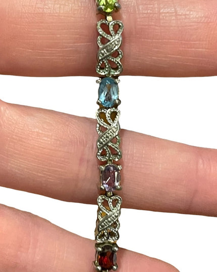 Vintage sterling silver 925 Ornate multi gemstone fancy bracelet  amethyst