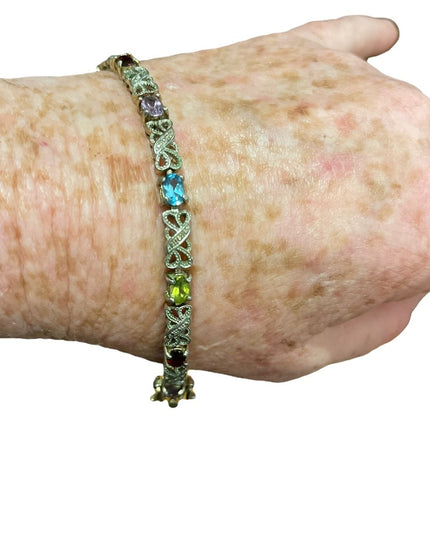 Vintage sterling silver 925 Ornate multi gemstone fancy bracelet  amethyst