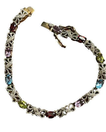 Vintage sterling silver 925 Ornate multi gemstone fancy bracelet  amethyst