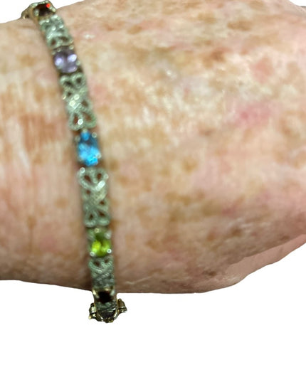 Vintage sterling silver 925 Ornate multi gemstone fancy bracelet  amethyst