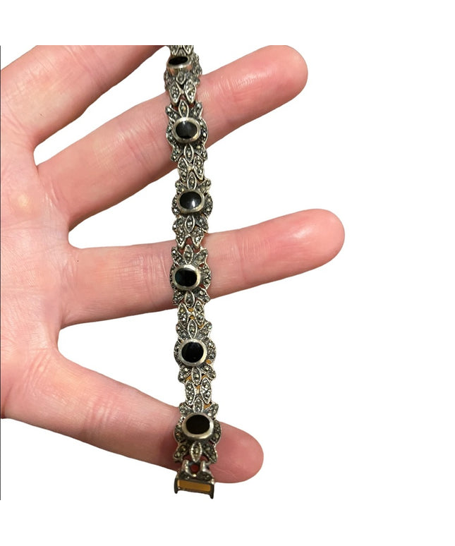 Vintage sterling silver 925 Fancy Marcasite black onyx heavy bracelet