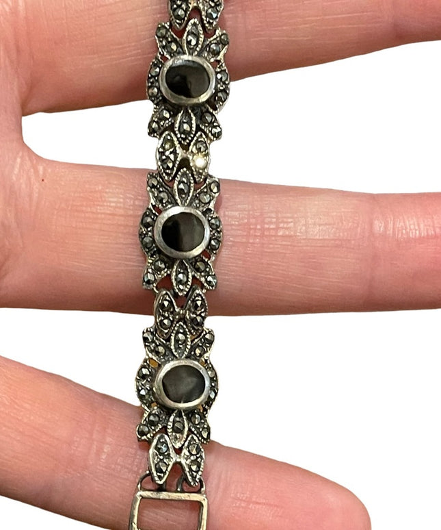 Vintage sterling silver 925 Fancy Marcasite black onyx heavy bracelet