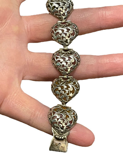 Vintage large sterling silver 925 chunky heart heavy bracelet