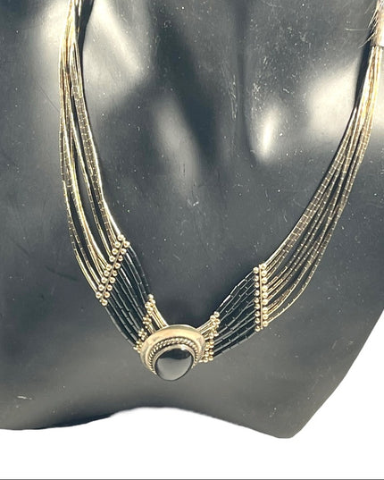 VTG liquid sterling silver 925 multi strand black onyx Navajo Cleopatra Necklace