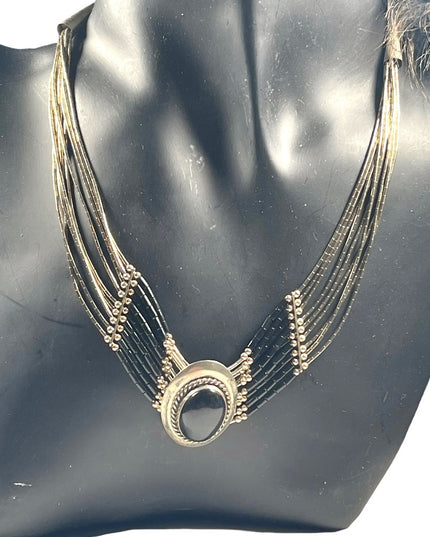 VTG liquid sterling silver 925 multi strand black onyx Navajo Cleopatra Necklace