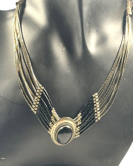 VTG liquid sterling silver 925 multi strand black onyx Navajo Cleopatra Necklace