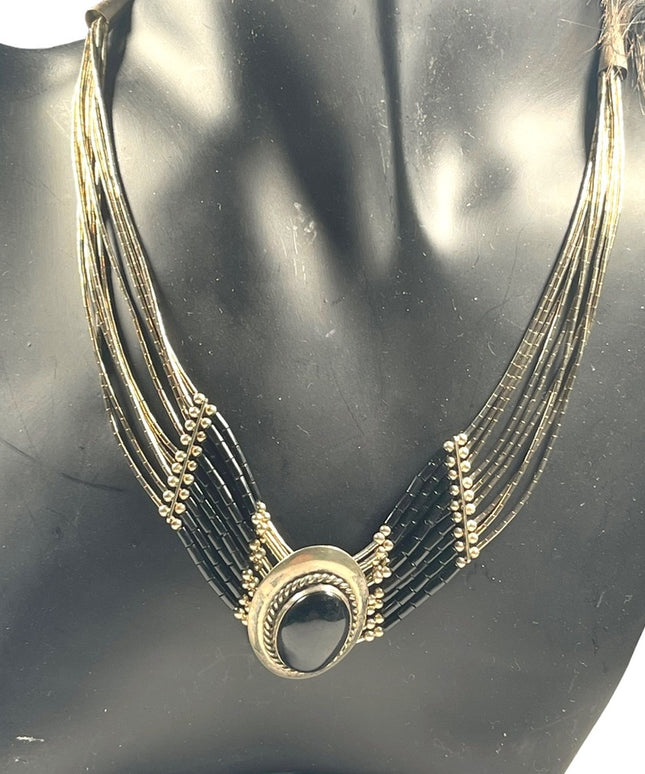 VTG liquid sterling silver 925 multi strand black onyx Navajo Cleopatra Necklace