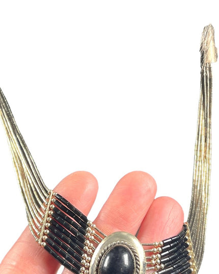 VTG liquid sterling silver 925 multi strand black onyx Navajo Cleopatra Necklace