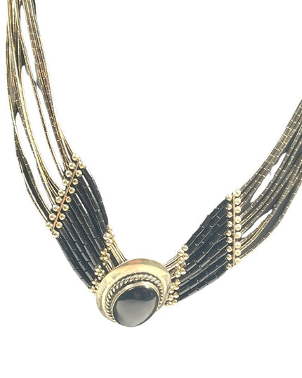 VTG liquid sterling silver 925 multi strand black onyx Navajo Cleopatra Necklace