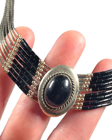 VTG liquid sterling silver 925 multi strand black onyx Navajo Cleopatra Necklace