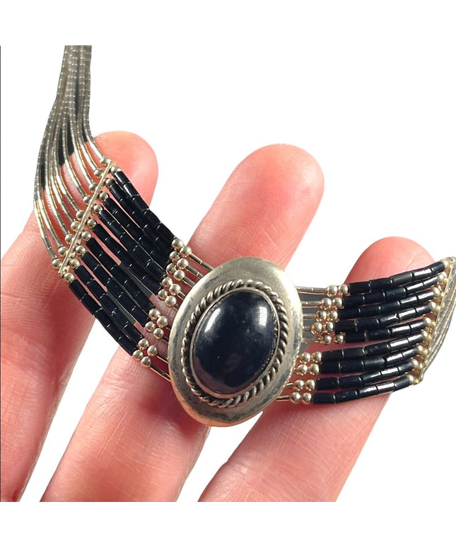VTG liquid sterling silver 925 multi strand black onyx Navajo Cleopatra Necklace