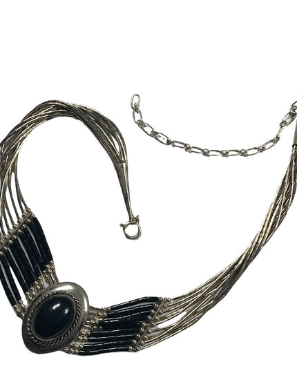VTG liquid sterling silver 925 multi strand black onyx Navajo Cleopatra Necklace