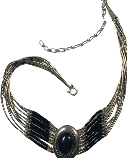 VTG liquid sterling silver 925 multi strand black onyx Navajo Cleopatra Necklace