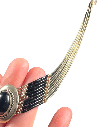 VTG liquid sterling silver 925 multi strand black onyx Navajo Cleopatra Necklace