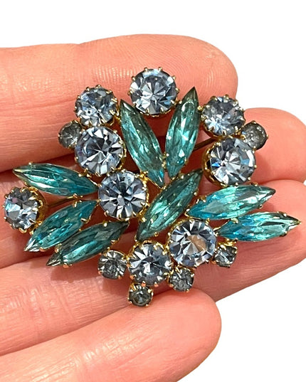 Vintage 1960s Stunning blue crystal statement brooch gold finish